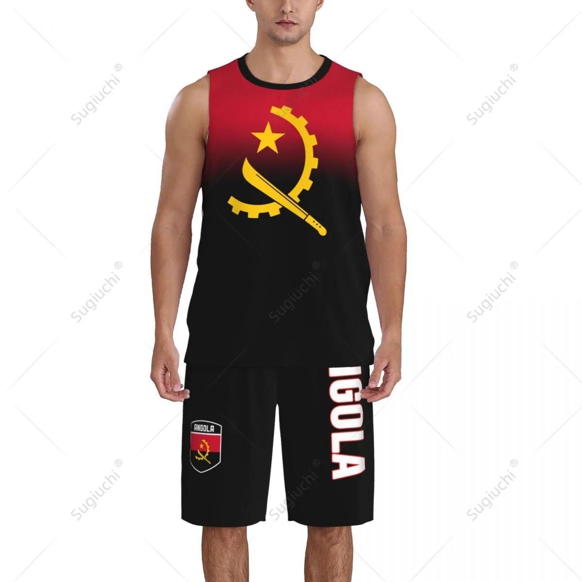 Conjunto de camiseta de baloncesto con bandera de Angola para hombre, camisa y pantalones de malla, sin mangas, exclusivo, con nombre personalizado, Nunber, Unisex