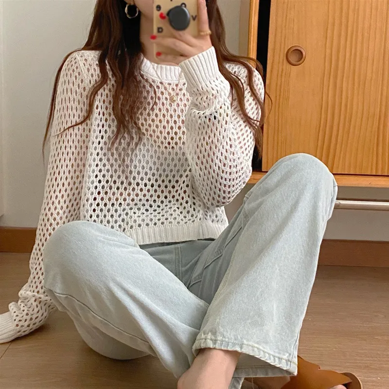 Women Hollow Out Top Thin Long Sleeved Sun Protection Knitted Sweater Female Crewneck Casual Tops Breathable Mesh T-Shirts