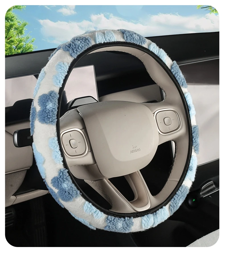 Blumenförmiger Auto-Lenkradbezug mit Plüsch-Dreidimensionalmuster Elastischer und Dehnbarer Schutzbezug für Damen-Autos – Detail 11