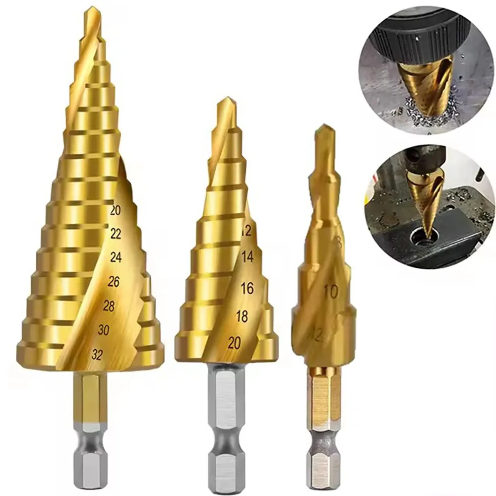 4-32 مللي متر/4-20 مللي متر/4-12 مللي متر HSS مثقاب متدرج مطلي بالتيتانيوم ، أداة حفر مخروطية لقطع ثقوب الخشب والمعادن الفولاذية عالية السرعة
