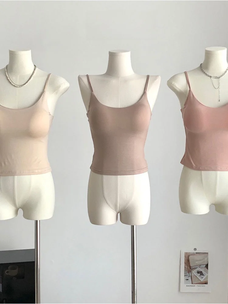 Women's Camisole Tank Top Built-In 25 Cup Bra Visual Chest Expansion Self-Doubt Outerwear Short Pure Color Backless Summer