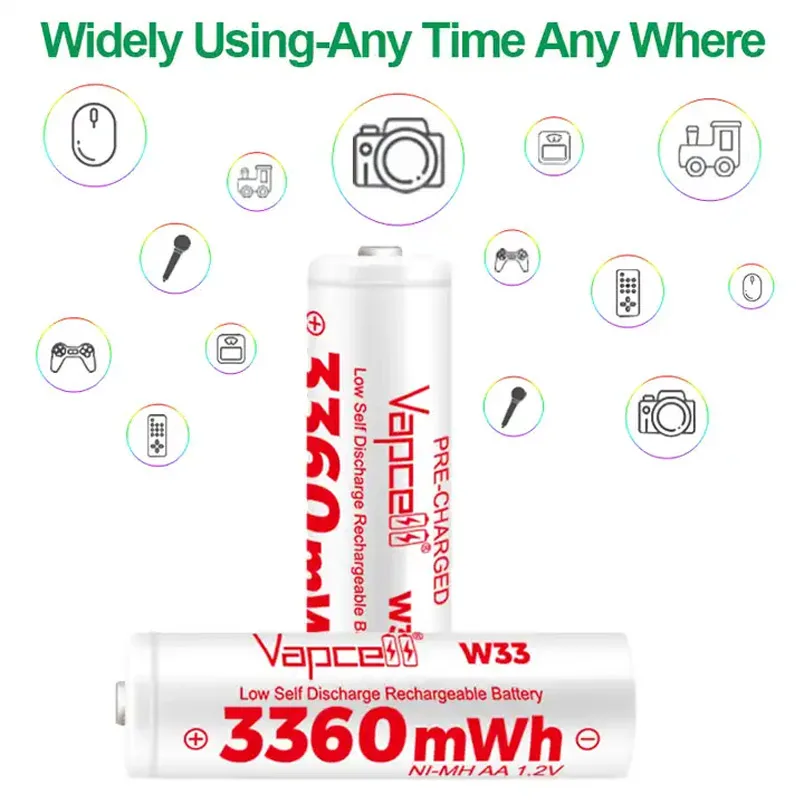 Original Vapcell W33 14500 Battery 3360mAh 1.2V AA Ni-Mh Battery Long Life Low Self Discharge Rechargeable Batteries For Toys