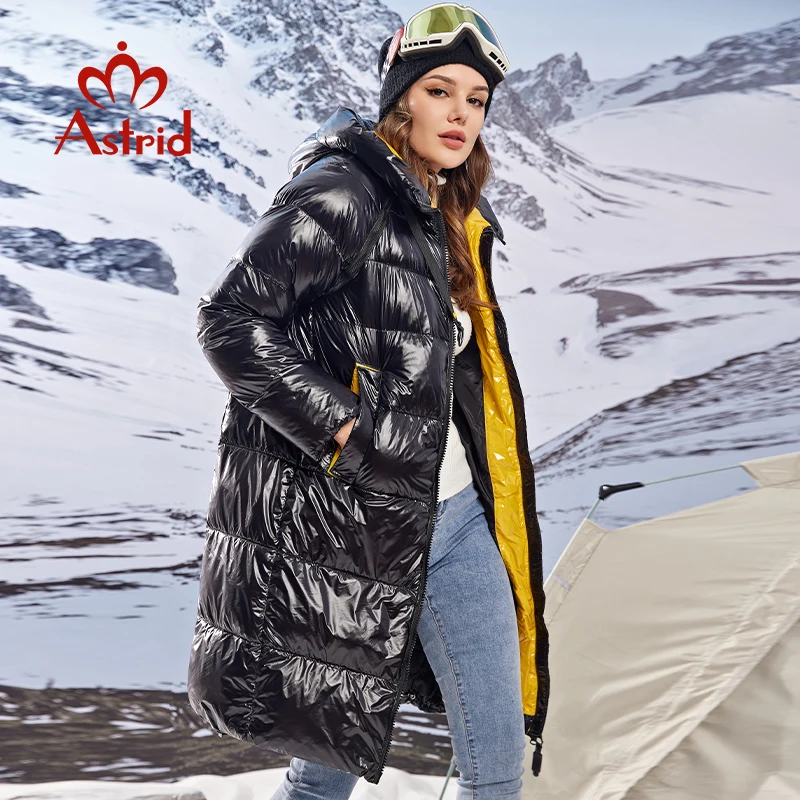 Astrid 2023 Winter Parka for Women Down Jacket Warm Bright Long Coat Fashion Hooded Large Sizes Padded Overcoat Female Clothing