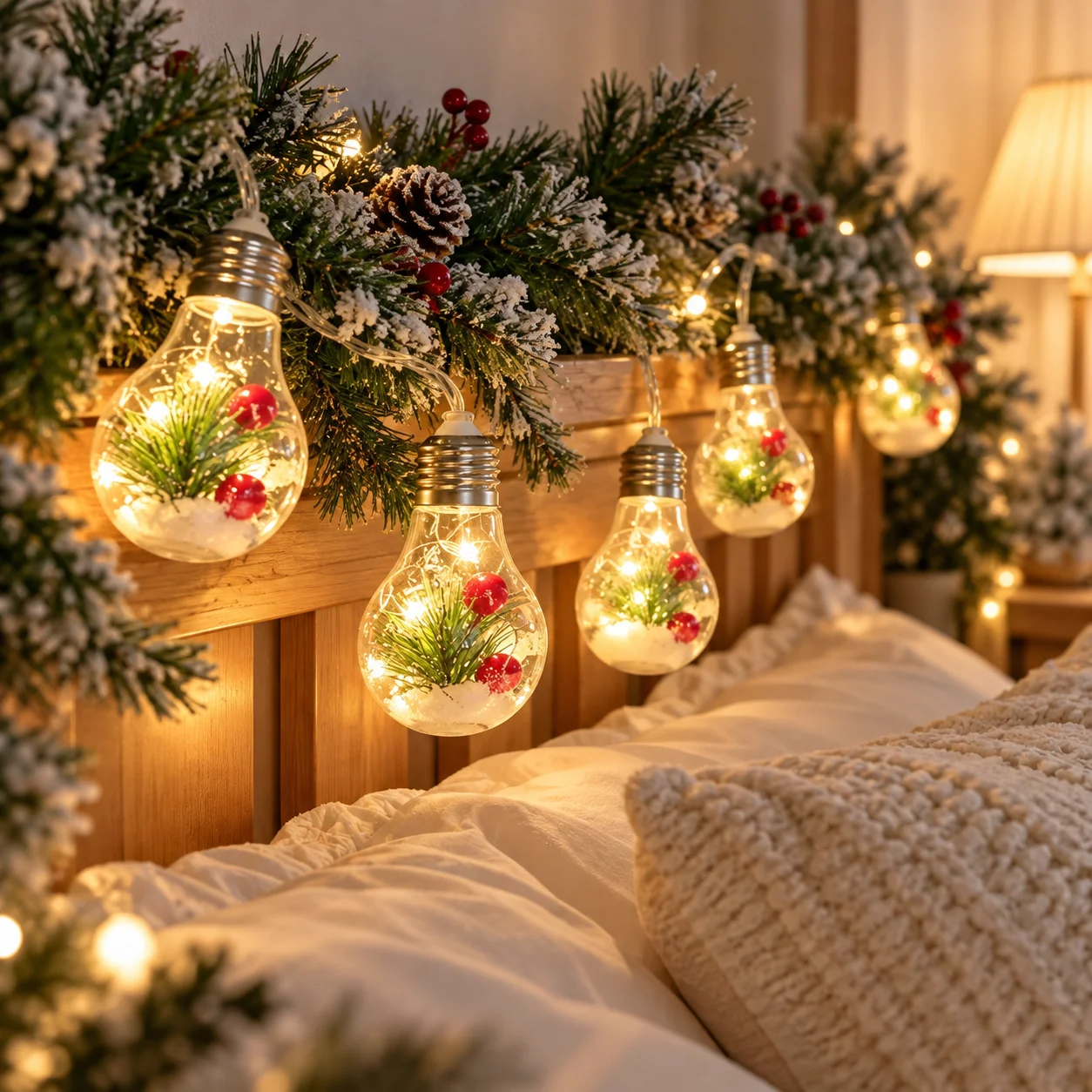 Solar Christmas Bulb String Lights, Transparent Bottle Lamps Filled with Snow, Pine & Red Berries, LED for Indoor Window Decor