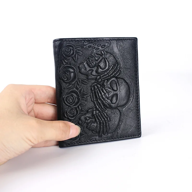 Fashion Cool Genuine Leather Punk Gothic Skull Cross Clutch Purse Wallets With Chain For Women Men Card Holder Bag Coin Purse Mo