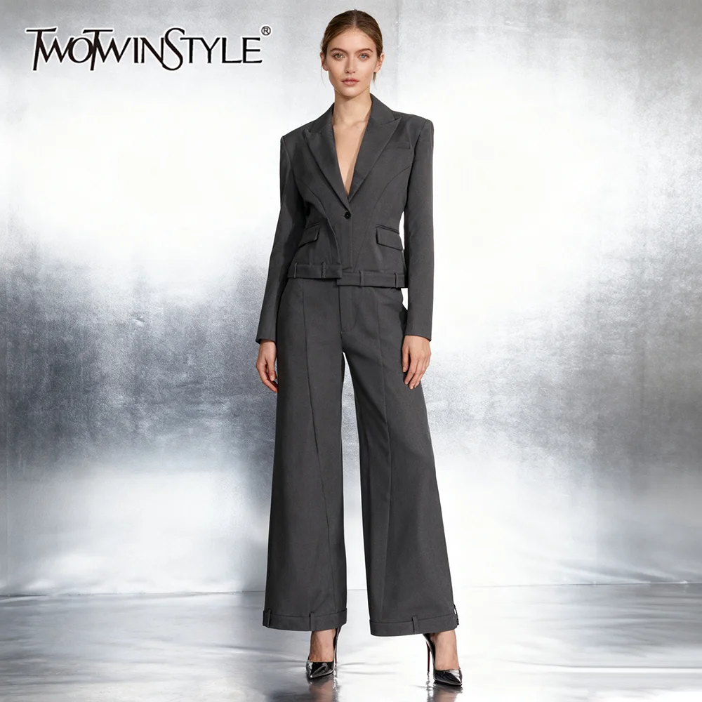 

TWOTWINSTYLE Solid Temperament Two Piece Sets for Women Lapel Long Sleeves Tunic Blazer High Waist Flare Pant Fashion Set Female