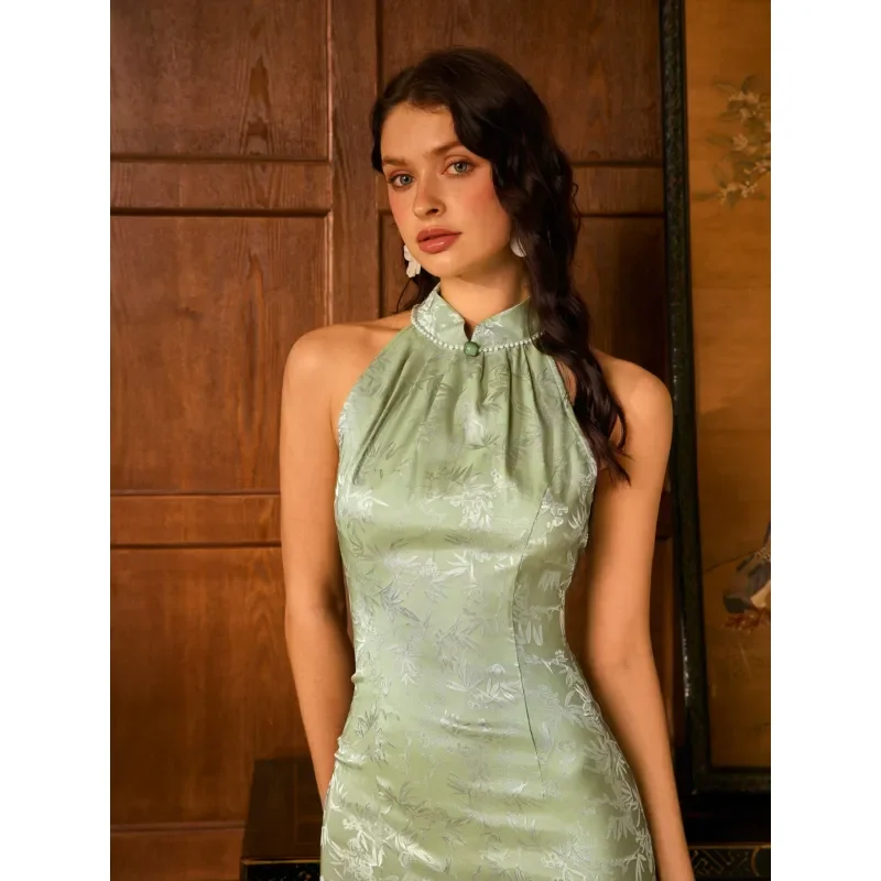 New Chinese Style Retro Off Shoulder Slim Cheongsam Dress Elegant Royal Sister Look High End Summer Party Evening Wear