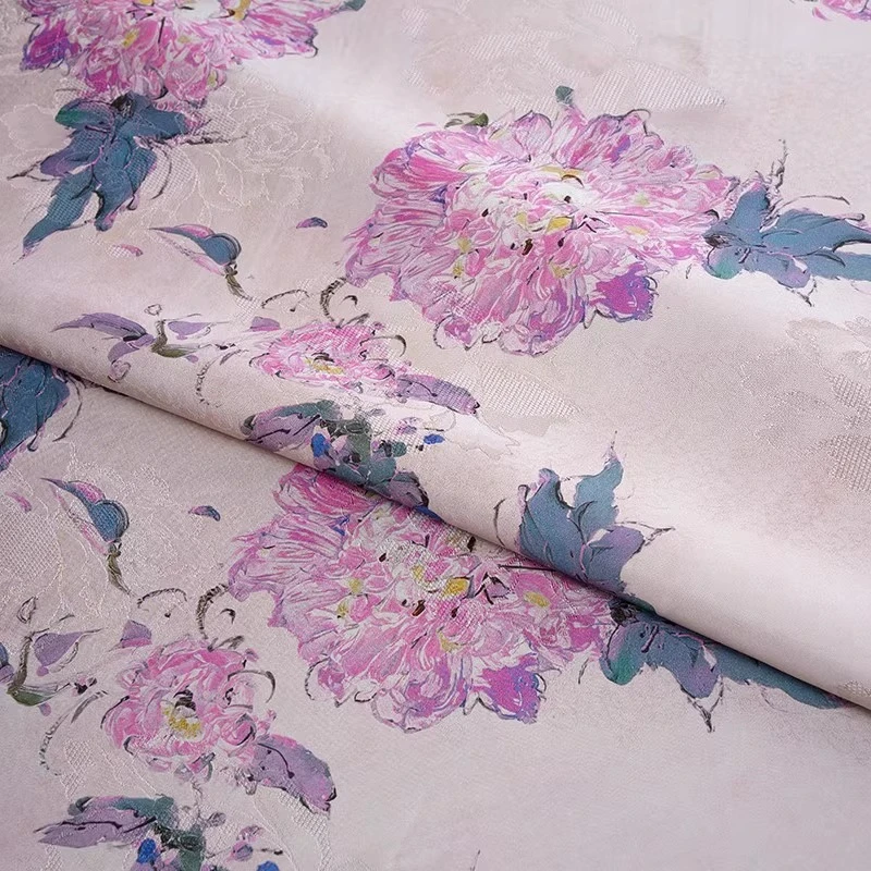 

Fragrant Cloud Gauze Floral Jacquard Fabric Pink Purple Peony Flower Chinese Style Qipao Dress Top Skirt Glossy Fabric