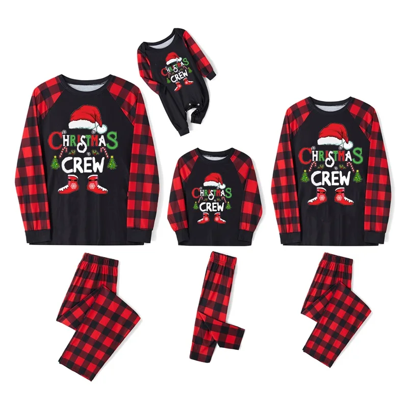 Blotona Family Matching Christmas Pajamas, Baby Romper/Letter Christmas Hat Print Long Sleeve Tops + Plaid Pants Sleepwear Set