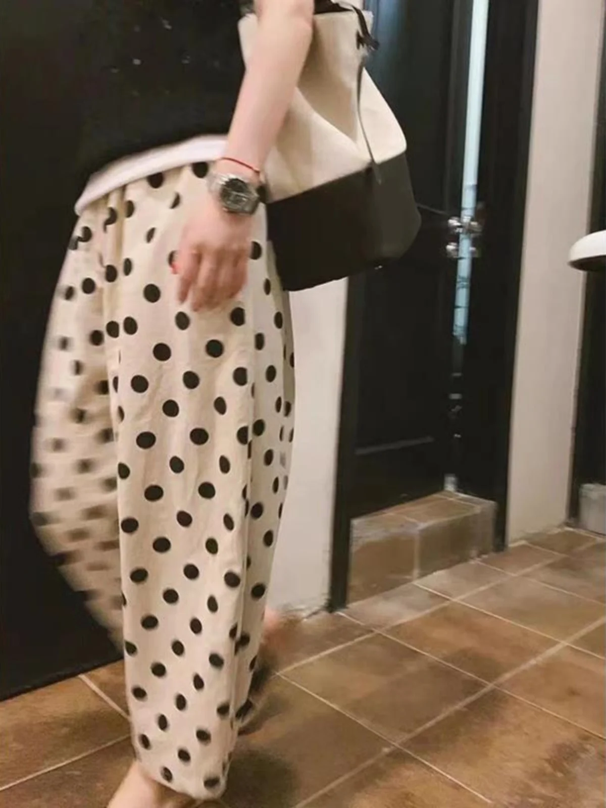 Pantaloni Larghi Casual a Pois in Lino con Elastico, Rinfrescanti, che Nascondono le Imperfezioni e Snelliscono, per Donne Taglie Forti