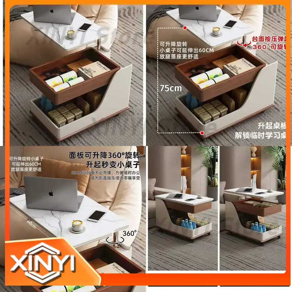 Portable Side Table Coffee Table for Small Living Rooms Balconies Adjustable Height Multi Function Rock Slab Trolley