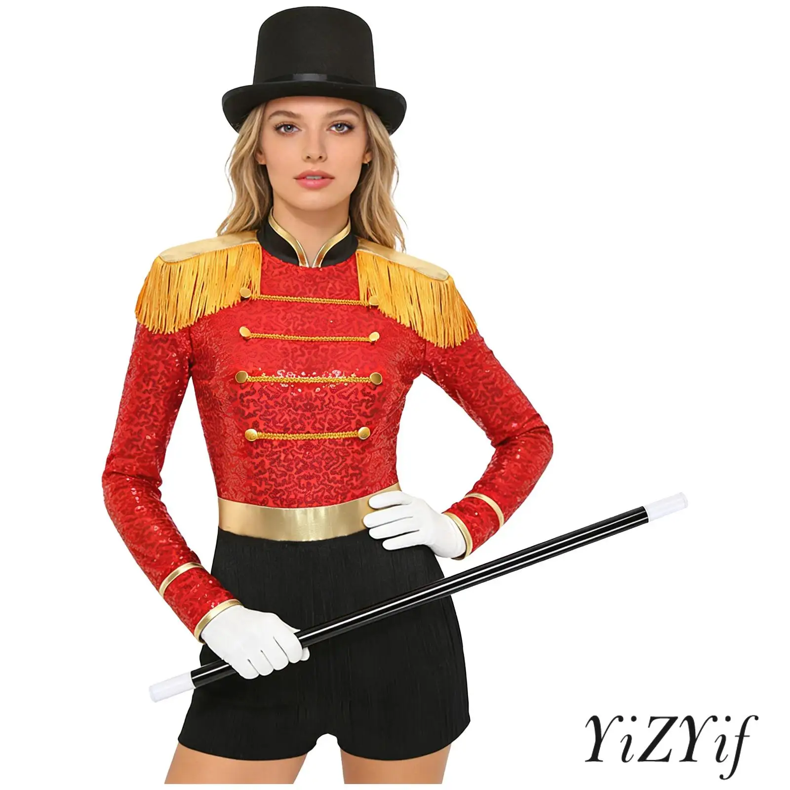 

Womens Dramatic Circus Performance Ensemble Tiered Fringe Color Block Bodysuit Ringmaster Jumpsuit with Gloves Hat and Wand Set