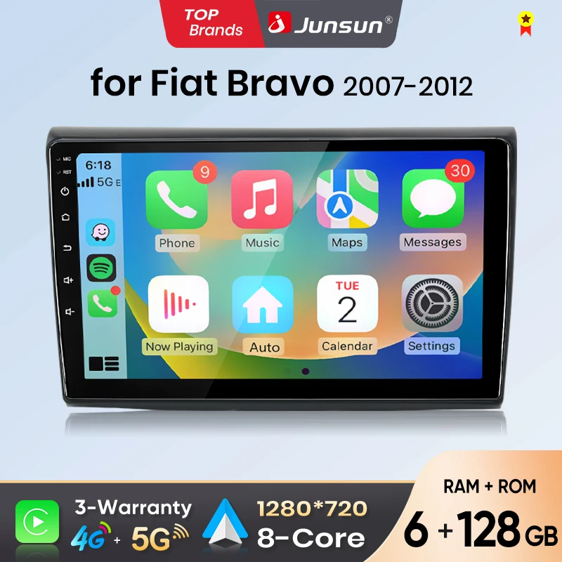 Junsun Android Auto Autoradio für Fiat Bravo 2007 2008 2009 2010 2011 2012 Multimedia Wireless Apple CarPlay Intelligente Systeme IPS Touchscreen Stereo Videoplayer 2 Din Autoradio Head Unit