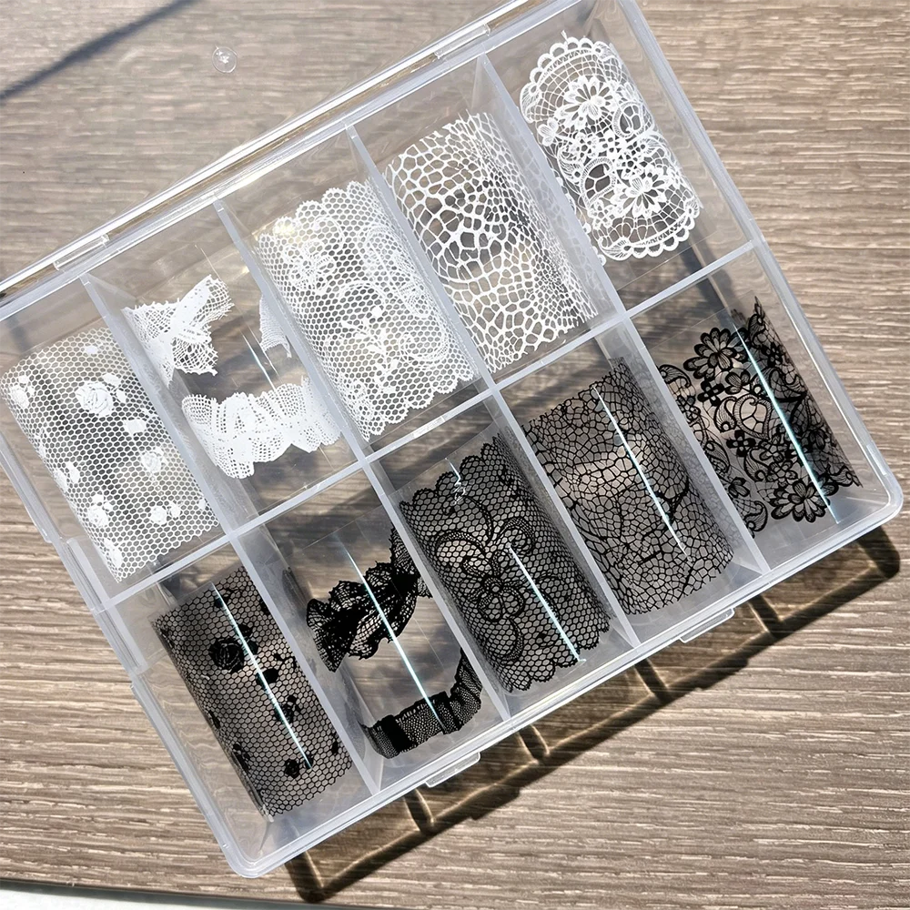 10 Rollen Retro Bunte Spitzenfolien-Transfer-Nagelaufkleber Braun Blau Rot Hohle Spitzen-Nagelsticker Sternenhimmel-Folien Nagelaufkleber D4