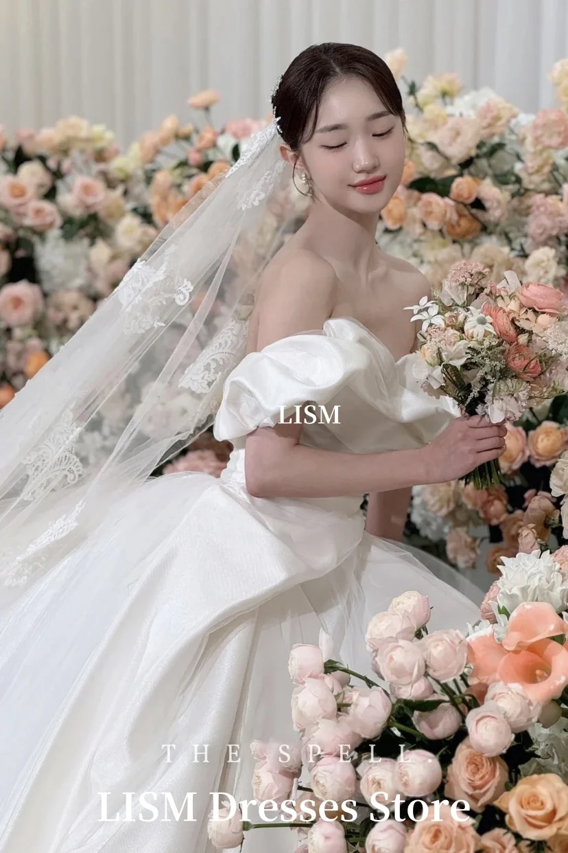 LISM Off Shoulder A-Line Simple Korea Wedding Dresses Soft Satin Long Elegant Bridal Dresses  웨딩드레스 Customized Corsets Back