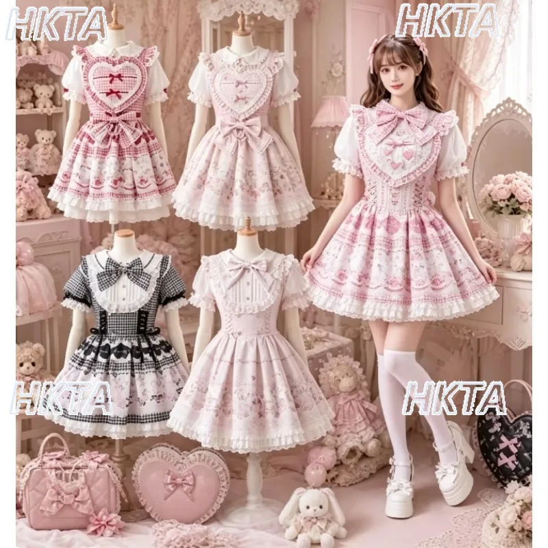 Japanese Sweet Girly Plaid Heart Bow Short Dress New Summer Princess Lolita OP Dress Shorts Set Outfits Jirai Kei Liz Dresses