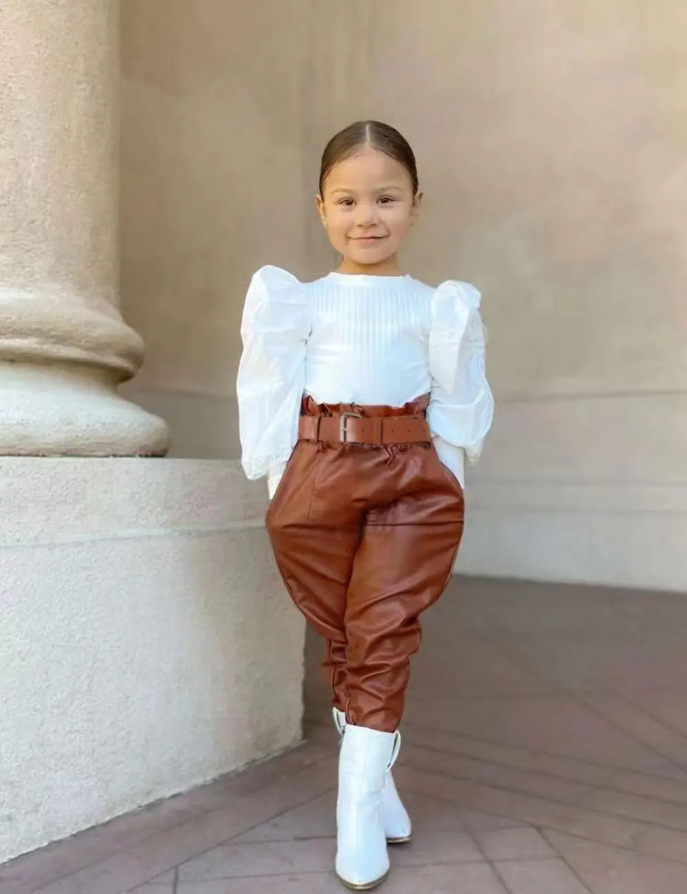 Toddler Girl Clothes Puff Sleeve Tops + Leather Pants 2Pcs Fall Outfits for Girls Fashion Clothing Set