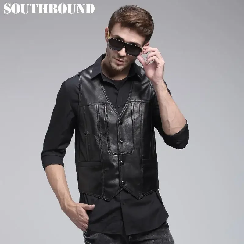 2023 Men Biker Vest Sleeveless Leather Motorcycle Waistcoat Gilet Homme Chalecos Para Hombre Multi Pocket Vest Leather Vest Men