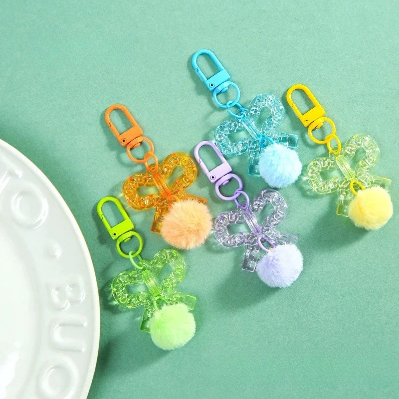 20pcs Colorful Transparent Butterfly Bow Keychain with Pom Pom Cute Bag Charm for DIY Craft