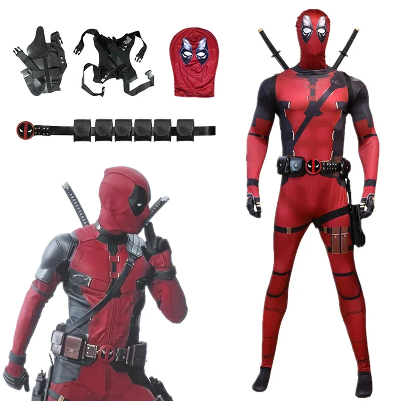 MARVEL Children's Deadpool Cosplay Costume Adults Bodysuit Jumpsuit with Accessories Head Covering Party Dress Up Clothes