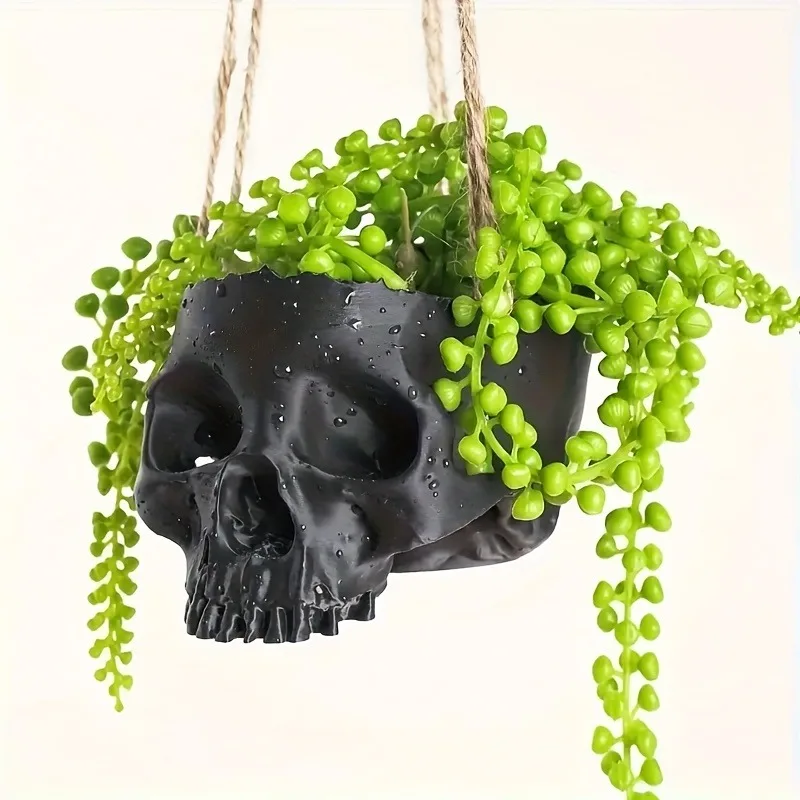 1pc Gothic Skull Hanging Planter - 3D Printed Plastic, Lightweight Bohemian Indoor/Outdoor Pot, with Green Bead Garland Perfect