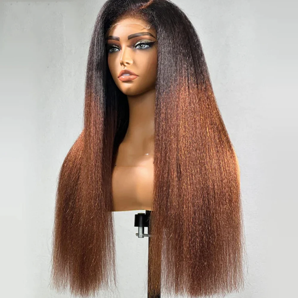 

Natual Hairline Ombre Brown Yaki Lace Front Wig 26inch 180density Soft Kinky Straight Wig For Women Baby Hair Synthetic Glueless