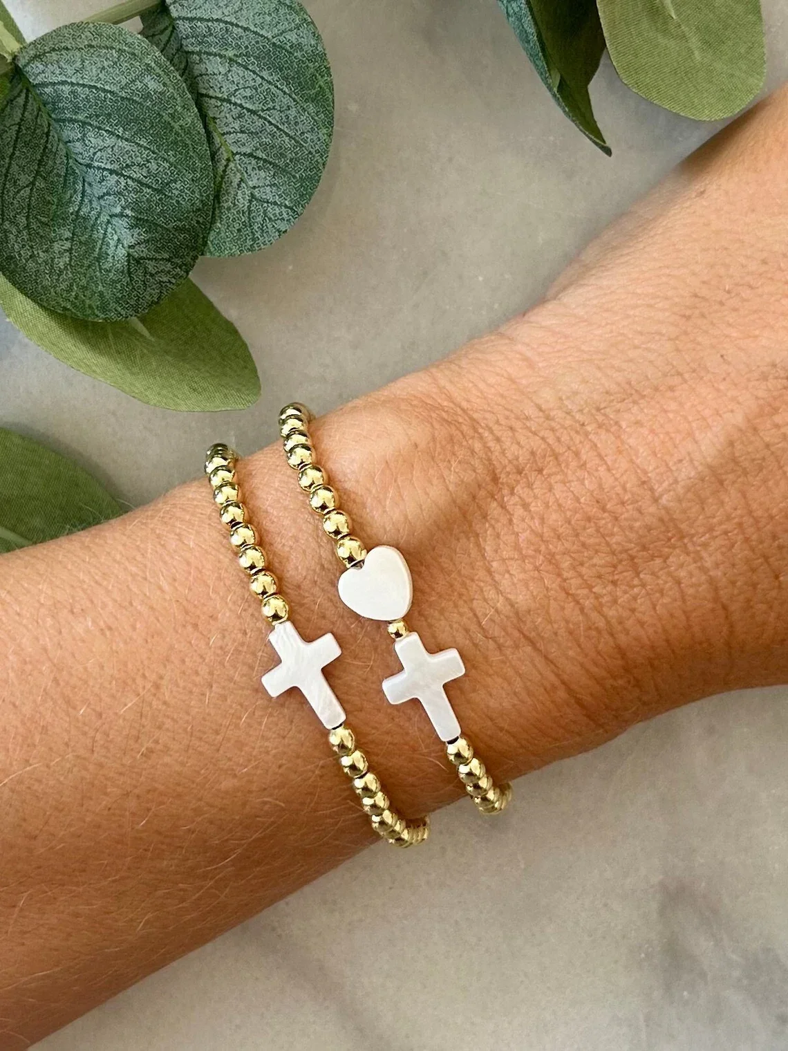 

Vlen Gold Plated Beads Bracelet with Cross Heart Charms Adjustable Stretch Jewelry for Women Boho Stackable Minimalist Gift
