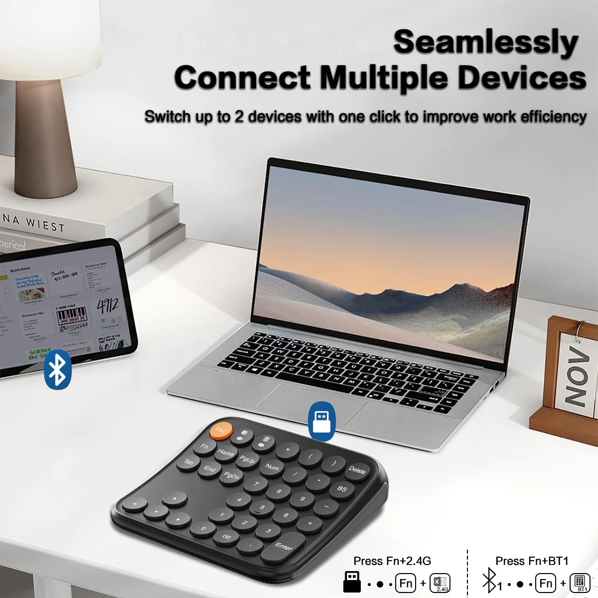 JOMAA Bluetooth Number Pad, Multi-Device Wireless Numeric Keypad, USB-C Rechargeable, 36 Keys Portable Numpad for Data Entry