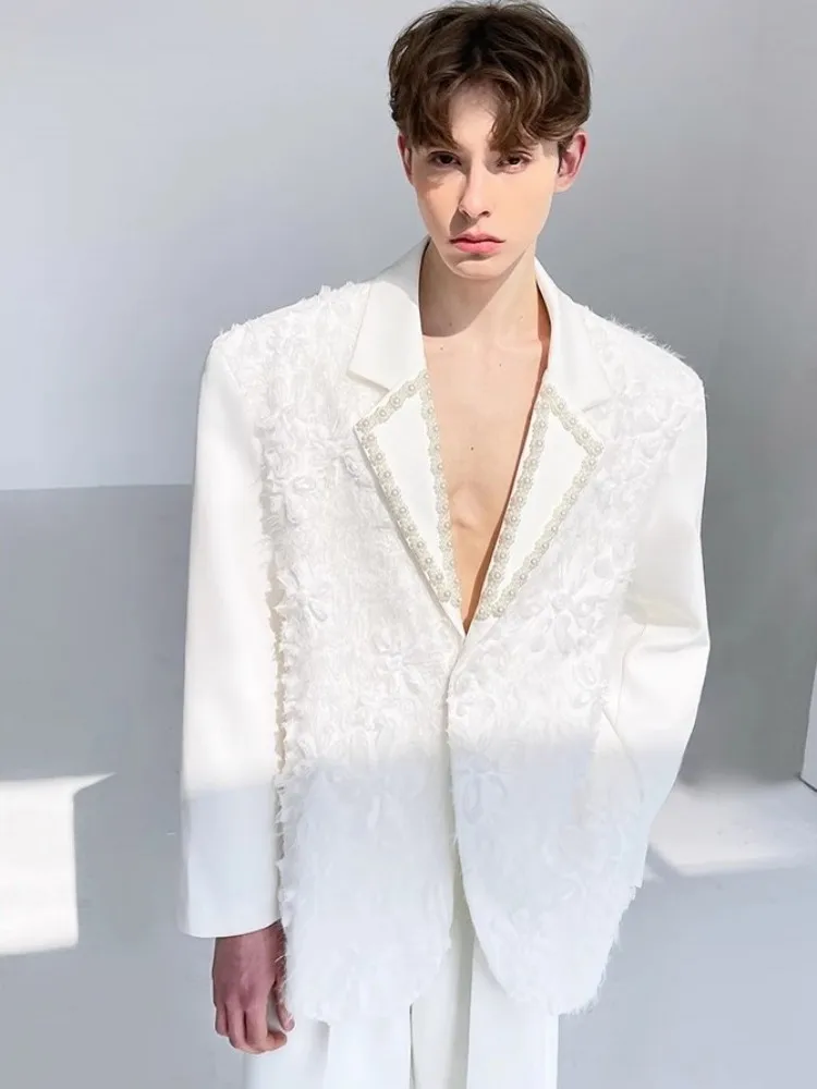 Designer Party Mens New Fashion Flowers Suit Jacket Long Sleeve Loose Fit Pearls Turndown Collar Single Button Men Blazers Coat