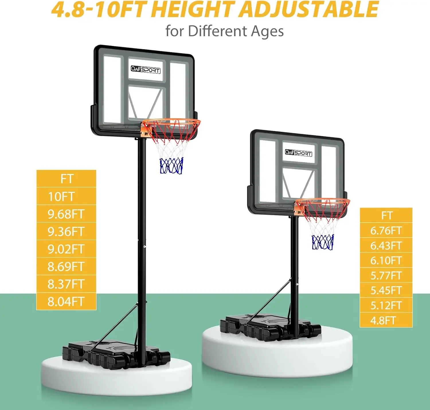 Outdoor 10ft Adjustable, Portable Basketball Hoop Goal System with 44 Inch Shatterproof Backboard