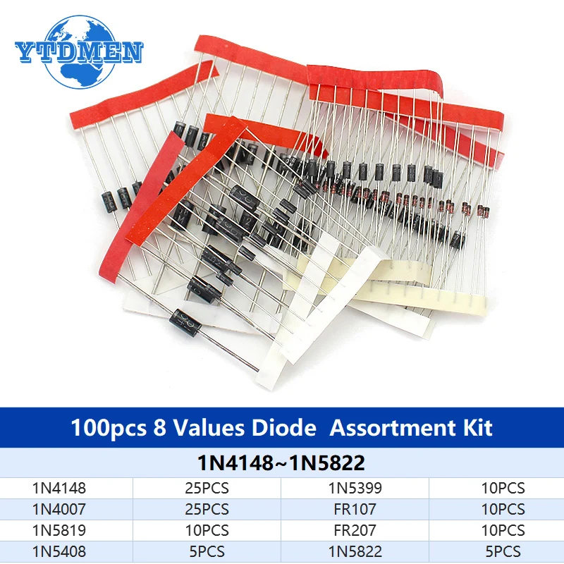 100-200pcs Rectifier Schottky Diode Kit 1N4007 1N4148 1N5408 1N5819 1N5822 1N4001 1N4004 1N5404 FR107 FR207 Fast Switching Diode image 3