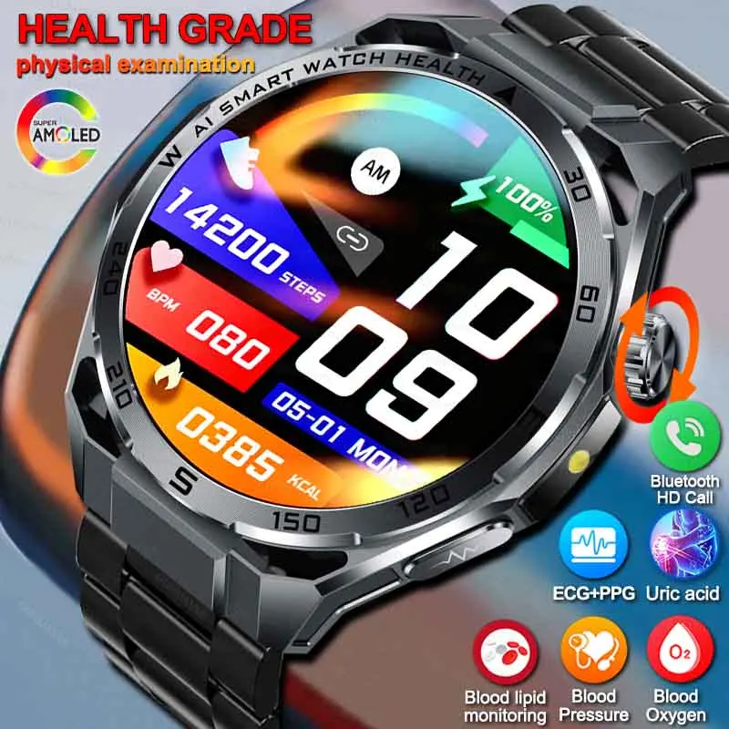 Reloj Inteligente con Medición de Salud para iOS y Android, Oxígeno en Sangre, Ácido Úrico, ECG+PPG, Presión Arterial, Llamadas, Monitor de Salud para Hombres