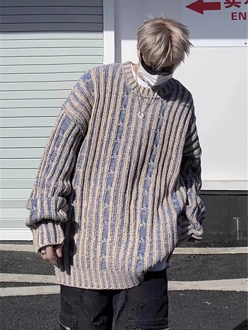 Women Contrast Color Vintage Striped Long Sleeve Knitted Pullovers O Neck High Street Chic Couples Sweaters Y2k Sueter Mujer image 5