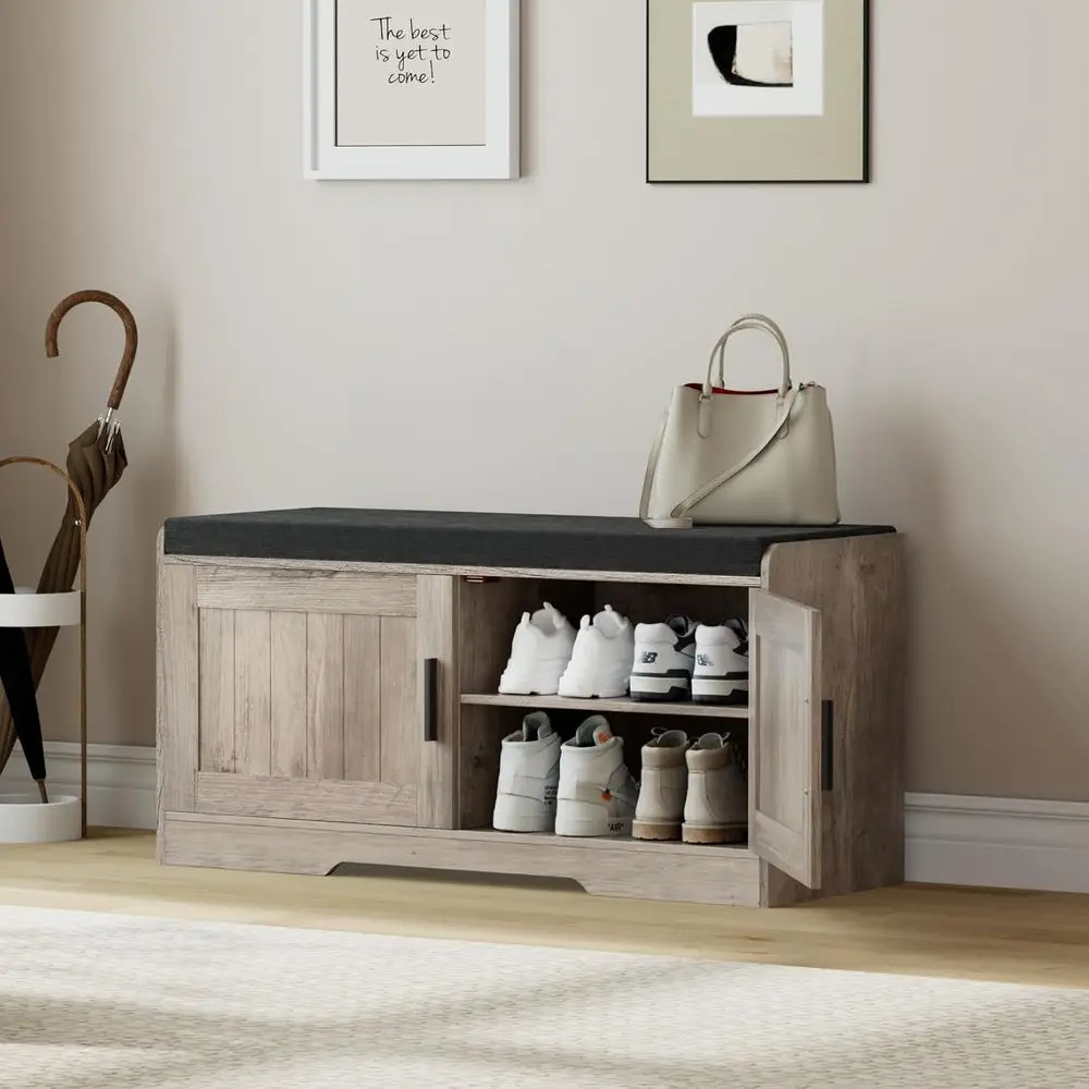 مقعد تخزين الأحذية بطبقة مزدوجة مع وسادة، خزانة ببابين، رف قابل للتعديل، 13.8 × 37.4 × 18.5، مناسب للمدخل، وغرفة المعيشة