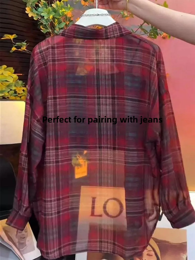 

Summer Plaid Loose Women's irt Thin Transparent Korean Sle Commute Wind Sun Protection Top Long Sve Collar