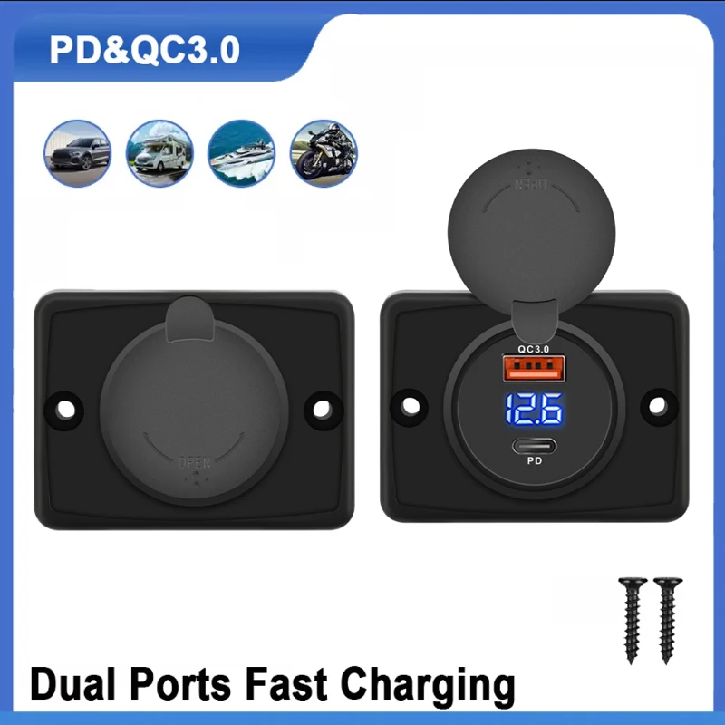 12-24V Dual Ports Car Charger Socket with Voltmeter PD30W+QC3.0 Fast Charge Waterproof for Car Motorcycle Truck ATV RV Boat