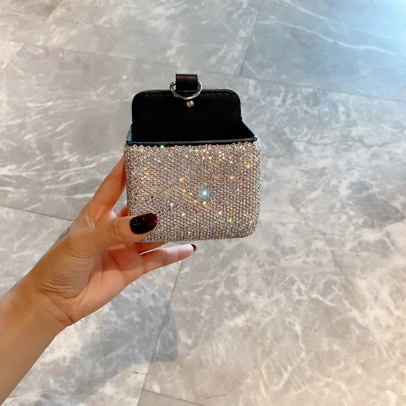 Sparkling Rhinestone Car Storage Bag Air Vent Hanging PU Organizer Box Phone Holder Luxury Car Decoration Small Clutter Case