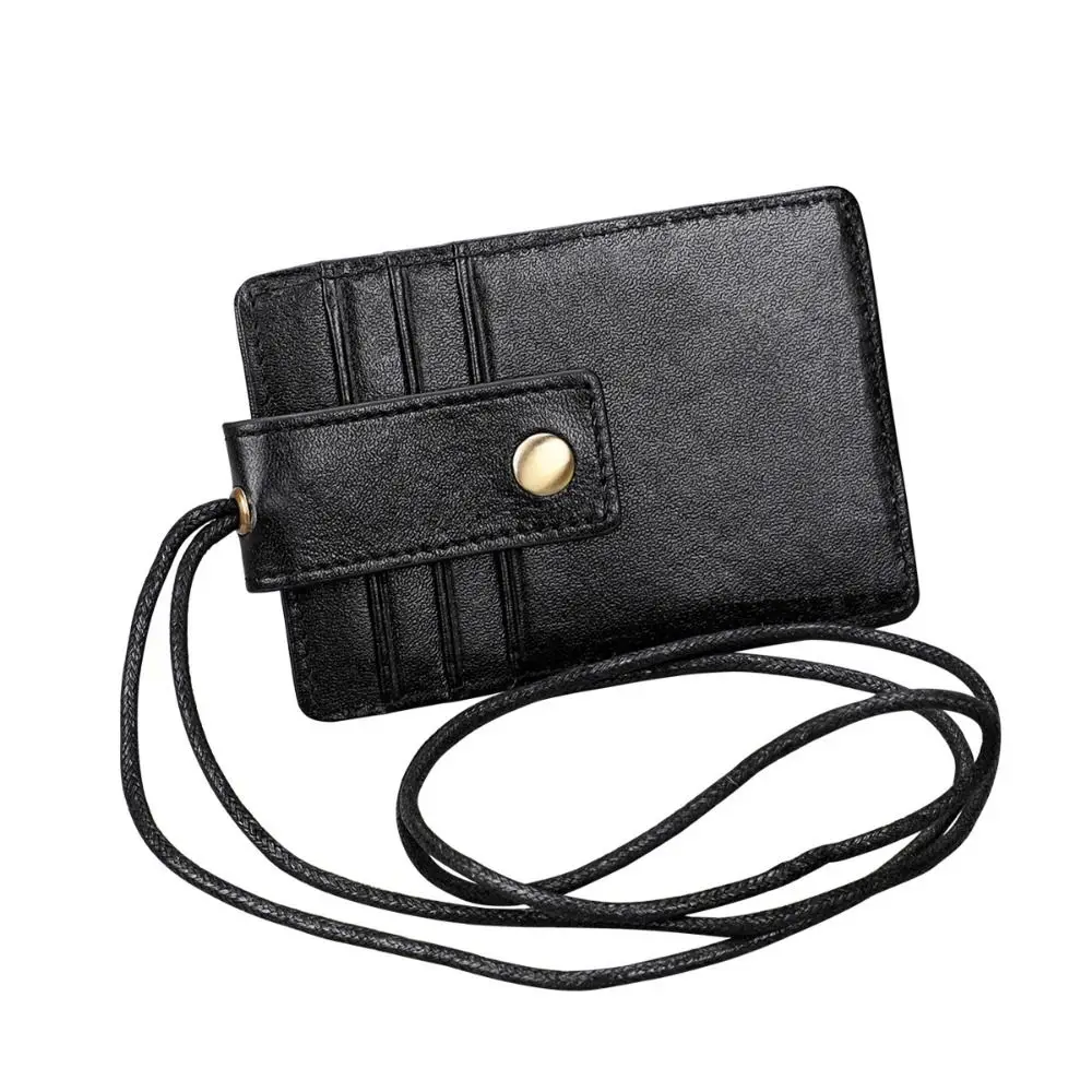 Genuine Leather ID Card Holder RFID Blocking Identity Badge RFID Blocking Card Cover With Lanyard Slim Wallet Work Card Holders