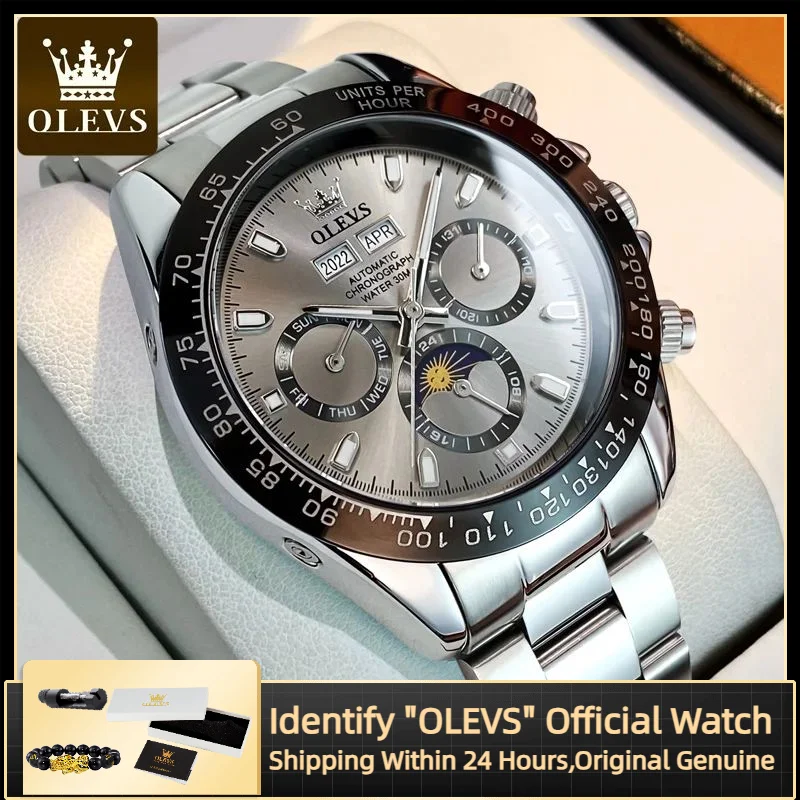 ساعة يد ميكانيكية أوتوماتيكية للرجال من OLEVS مقاومة للماء وحزام من الفولاذ المقاوم للصدأ مضيئة وساعة رجالية أصلية فاخرة