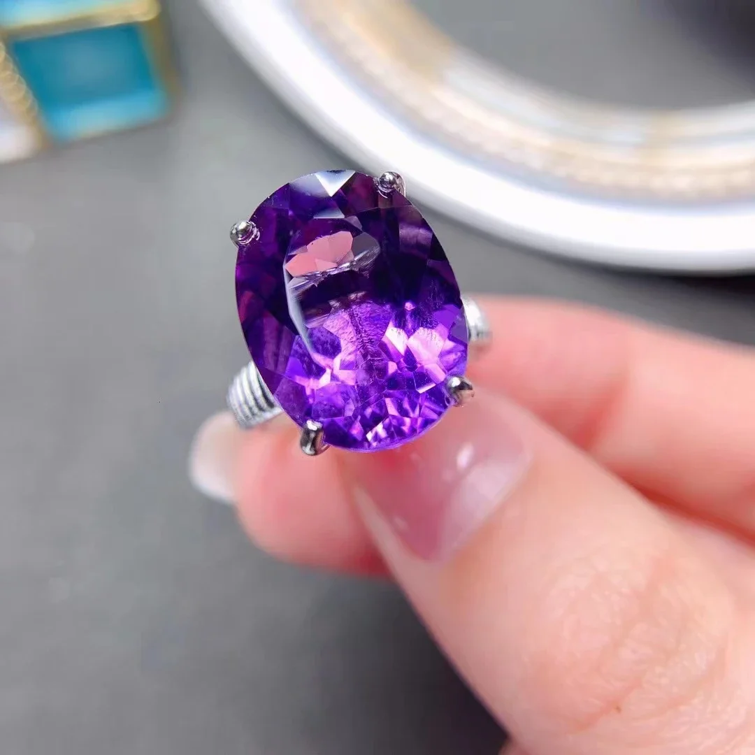 100% Natural Amethyst Ring 10ct 12*16mm VVS Grade Rich Purple Amethyst Jewelry 925 Silver Crystal Ring for Party