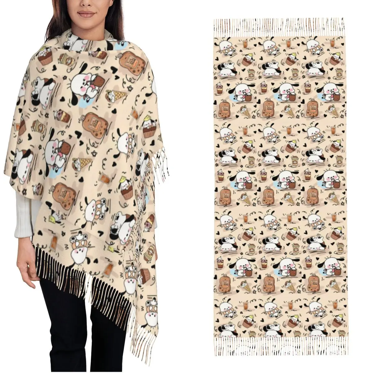 Womens Scarf with Tassel Pochacco Ice Cream Chocolate Large Winter Fall Shawl Wrap Gifts Pashmina Scarves