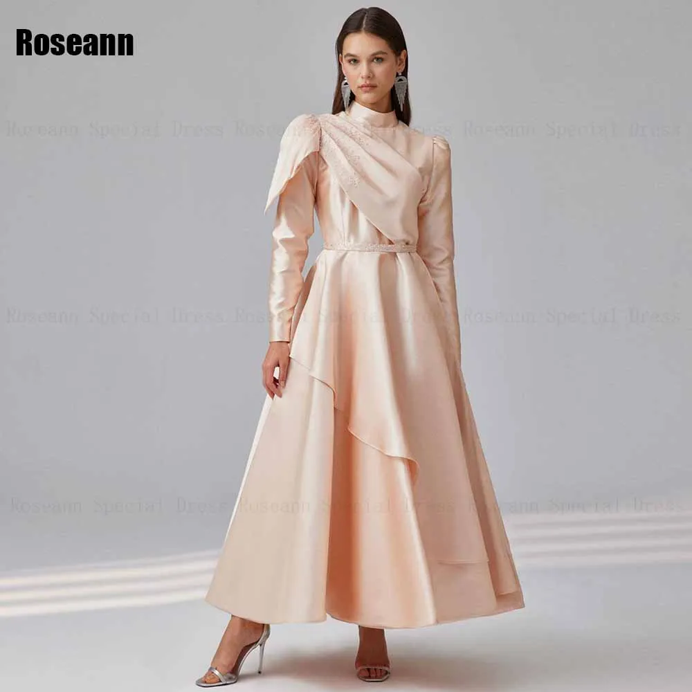 

Muslim A-line Wedding Dresses High Collar Satin Ruffle Applique O-Neck Draped Pleat Belt Anke Length Bride Gown robe de mariée