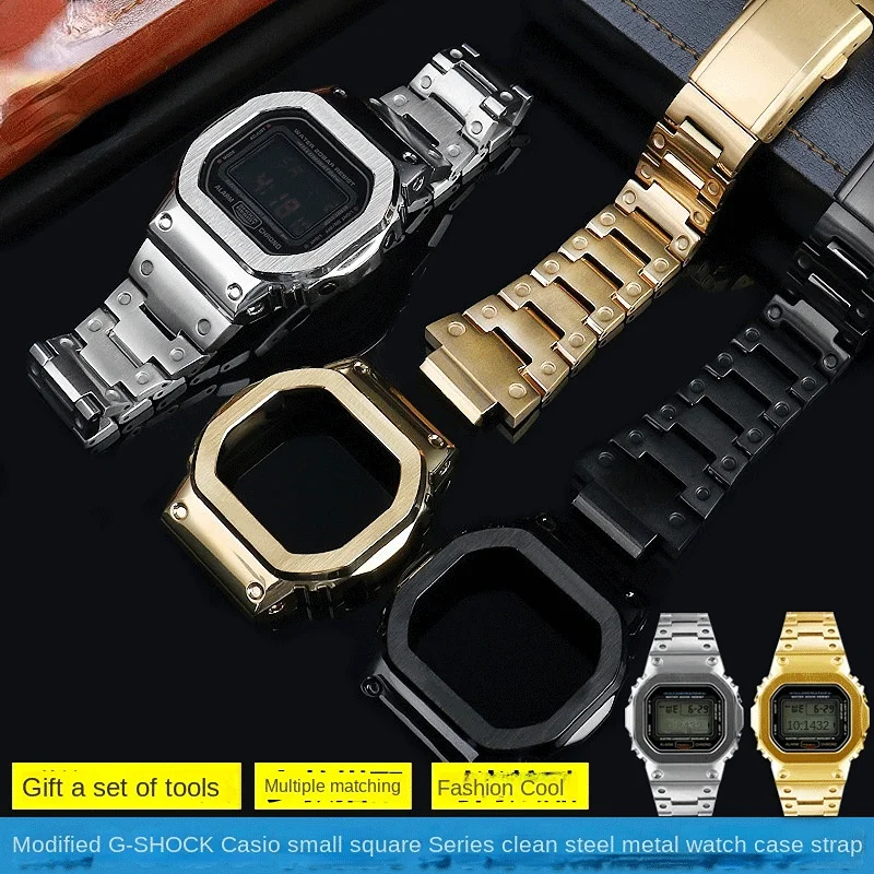 Golden black For Casio G-SHOCK DW5600 GW-B5600 GWM5610 Stainless steel metal Bezel watch case + strap Modified Suit watchband