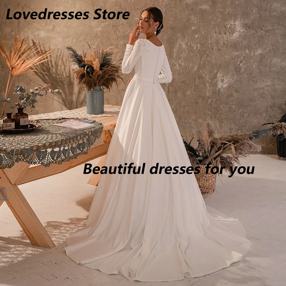 Round Neck Long Sleeves Wedding Dress Customized Elegant Beading Pearls Buttons A Line Sweep Train Vestidos De Novia Bride Gown