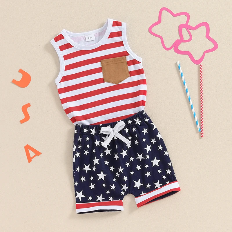 

Toddler Boy 4th of July Outfit Stripe Pocket Casual Round Neck Tank Tops with Star Pattern Shorts for Independence Day