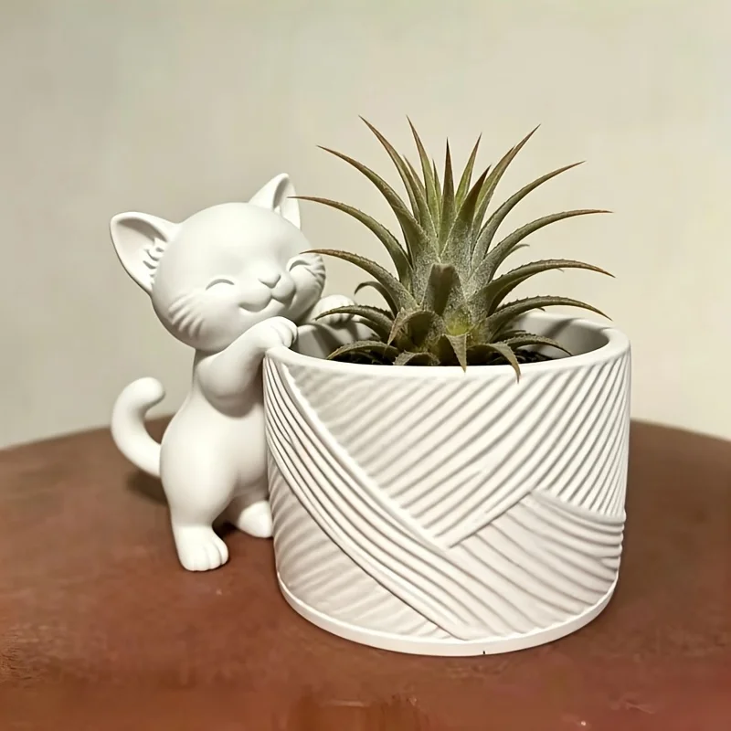 3D‑Printed Cute Cat Planter Pot, Dual‑Use Desktop Succulent Air Pineapple Pot, Creative Home Decor