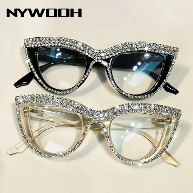 NYWOOH Anti Blue Light Reading Glasses For Women Cat Eye Frame With Diamond Presbyopia Eyeglasses Hyperopia Diopter +3.0 +4.0