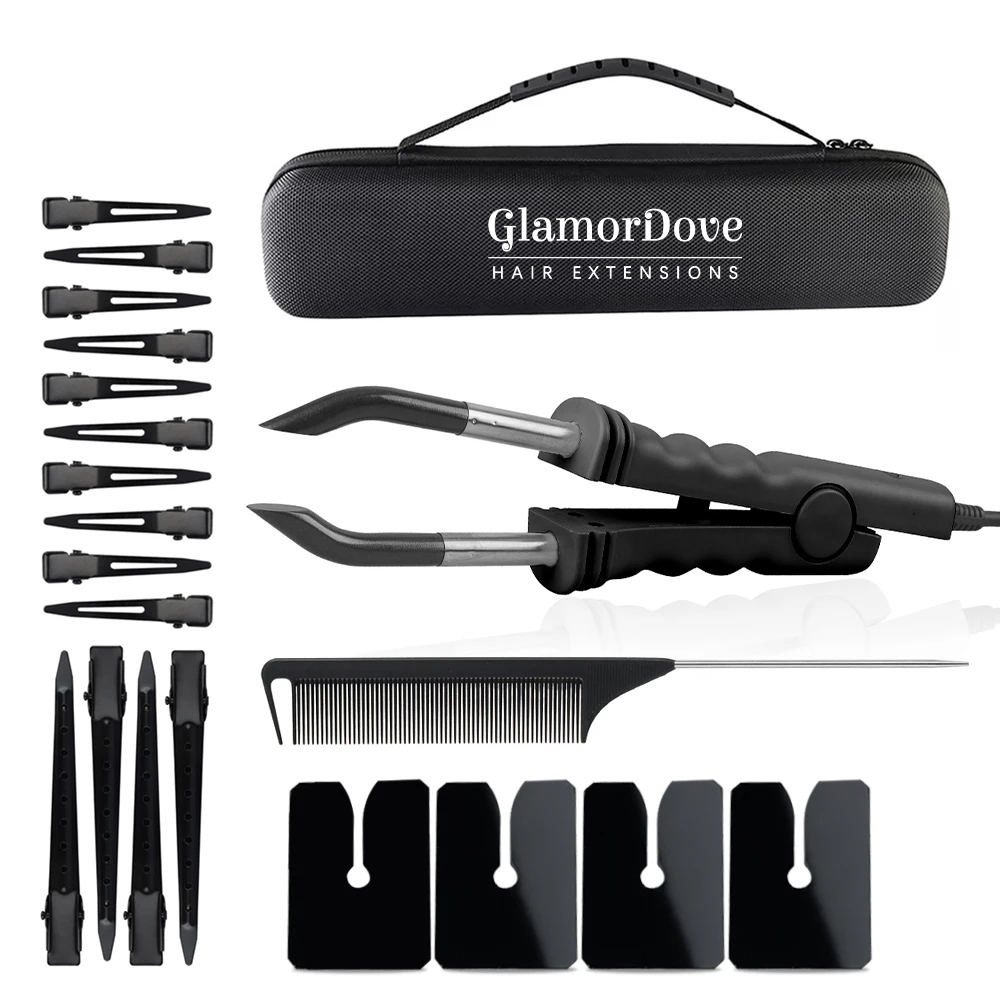 GlamorDove Keratin Extension Kit – Loop Tool, Clips, Heat Shields & Tail Comb for Fusion Hair Extensions