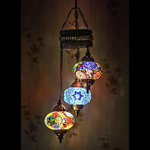 LaModaHome 35 + Unique Colors, 2020 Customizable Chandelier 3 Globes + Free 3 Bulbs, stunning Mosaic Turkish Lamp Moroccan Light