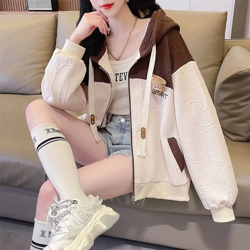 Women Contrast Color Patchwork Cute Cartoon Zipper Hooded Jacket Vintage Streetwear Y2K Oversize Hoodie Female Long Sleeve Tops